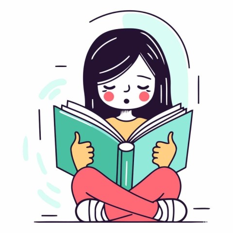 Cute girl reading a book in a flat style.