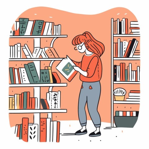 Vector illustration of a young woman reading a book in the libra