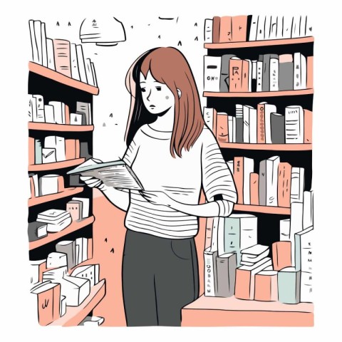 Vector illustration of a young woman reading a book in a library