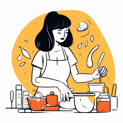 Woman cooking in the kitchen in doodle style.