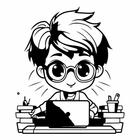 cute boy with laptop and books vector illustration graphic desig