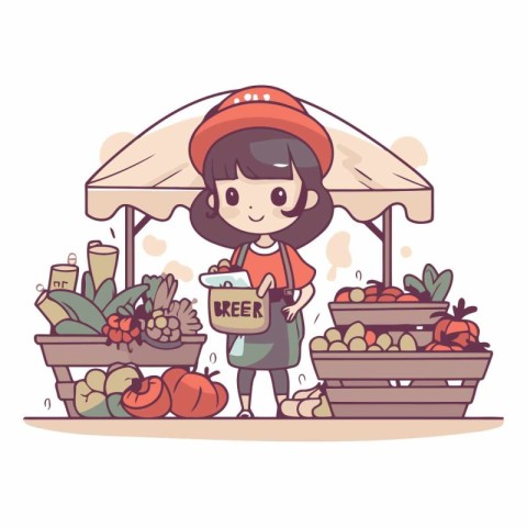 Girl selling fruits and vegetables at the market. Cute cartoon v