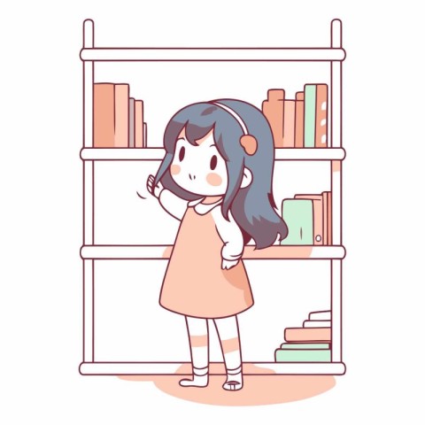 Cute little girl standing in the bookcase.