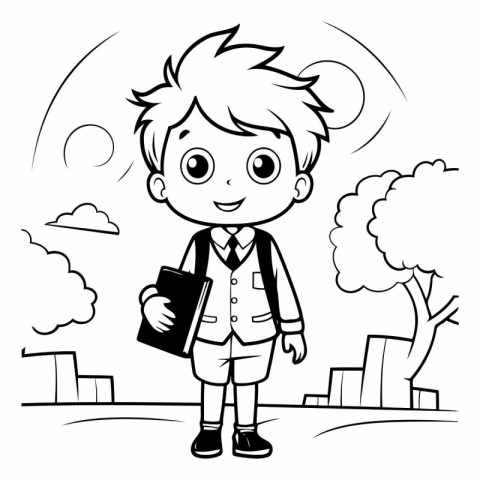 Schoolboy with a book. Black and white vector illustration for c