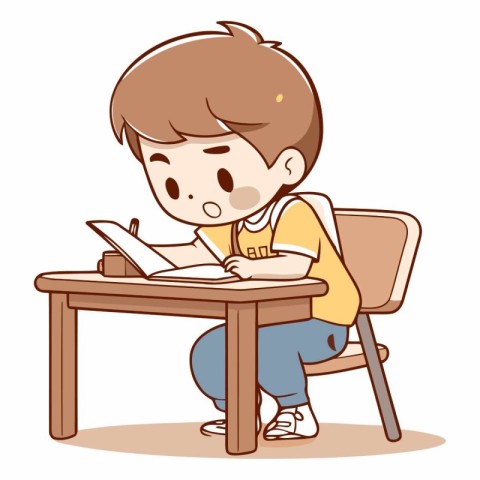 Boy studying at the desk in a flat style.