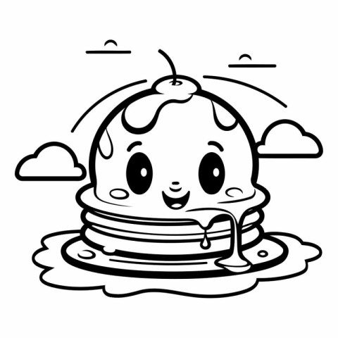 Black and White Cartoon Illustration of Cute Pancake Mascot Char