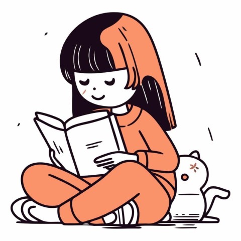 Illustration of a little girl reading a book while sitting on th