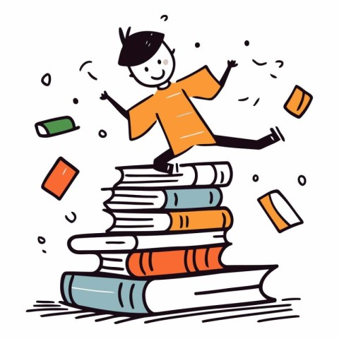 Vector illustration of a schoolboy jumping on a pile of books.