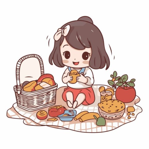 Illustration of a little girl sitting on a picnic blanket and ea