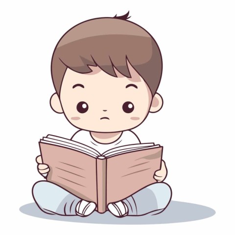 Cute little boy reading a book in cartoon style.