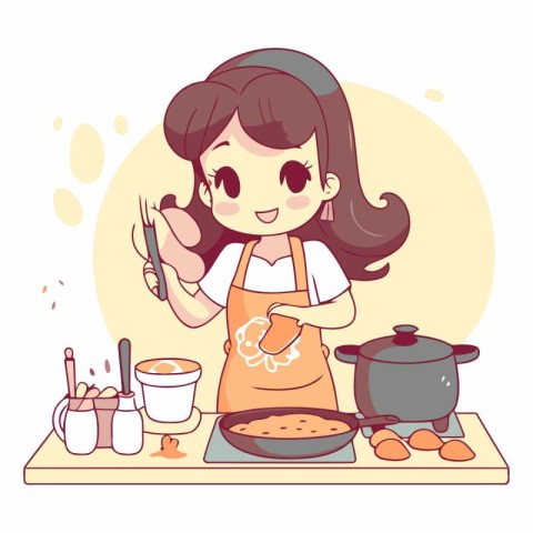 A cute little girl cooking in the kitchen in cartoon style.