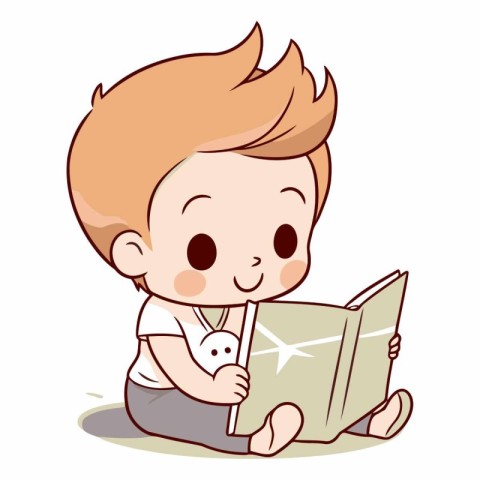 Cute little boy reading a book on white background.