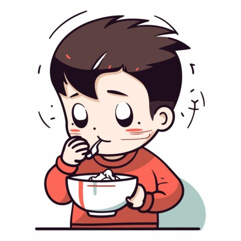 Illustration of a Cute Boy Eating a Bowl of Yogurt