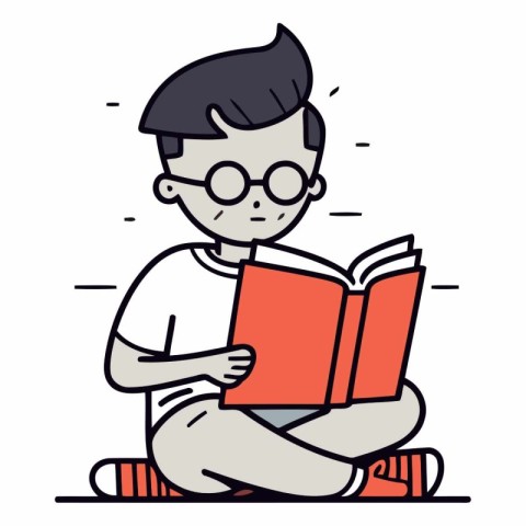 Boy with glasses reading a book in a flat style.