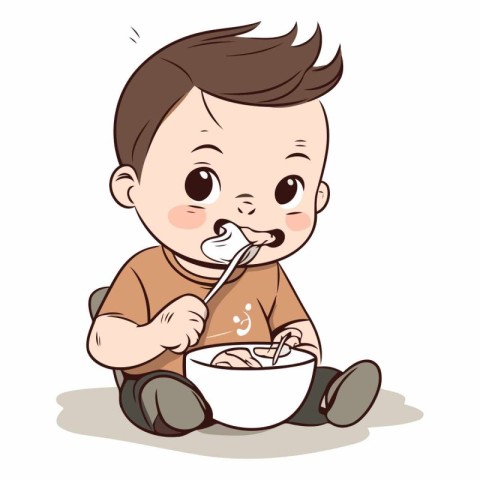 Cute little baby boy eating cereals with spoon.