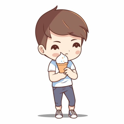 Cute boy eating ice cream. Cute cartoon vector illustration.