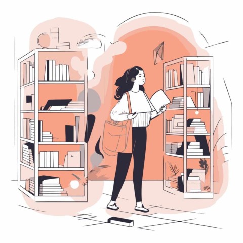 Vector illustration of a girl standing near the bookshelf and re