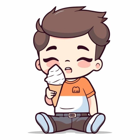 Boy eating ice cream - Cute cartoon boy vector mascot illustrati