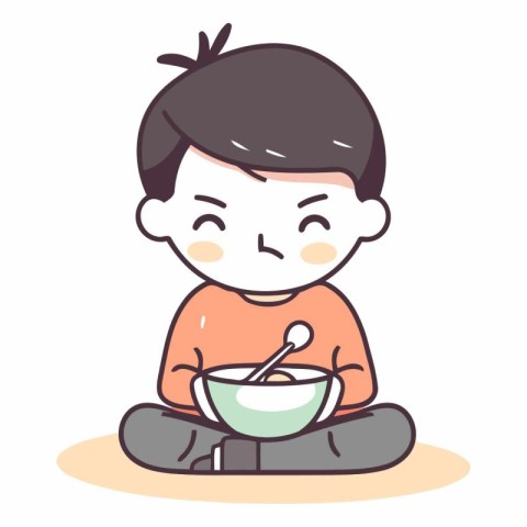 Illustration of a Kid Boy Eating a Bowl of Soup. Vector