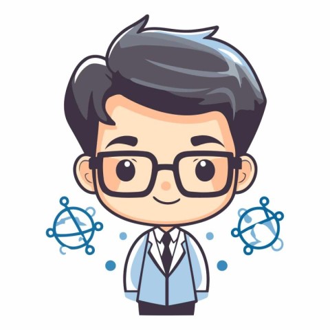 Cute boy with science icon in cartoon style.