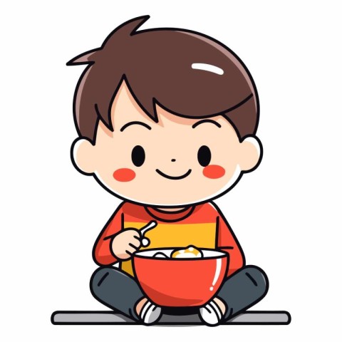 Illustration of a Kid Boy Eating a Bowl of Cereal.