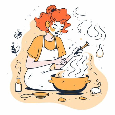 Young woman cooking soup in doodle style.