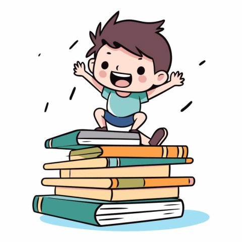 happy boy sitting on pile of books over white background