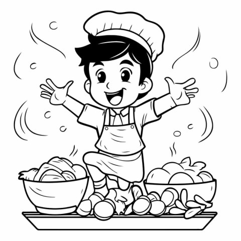 Cartoon Illustration of Little Boy Chef Cooking Food for Colorin