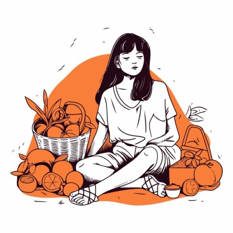 Girl sitting on the floor with basket of tangerines.