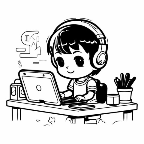 Illustration of a Cute Boy Wearing a Headset Working on His Lapt