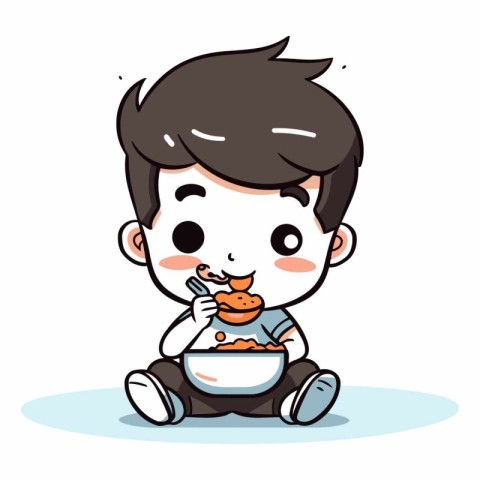 Boy Eating Rice Bowl - Cute Cartoon Vector IllustrationÃ¯Â»