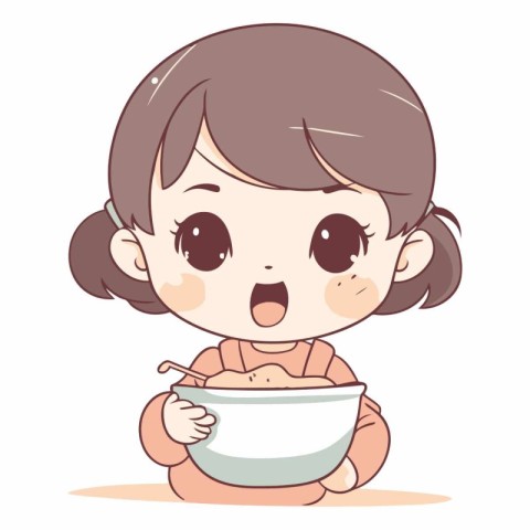 Illustration of a Cute Little Girl Eating a Bowl of Breakfast