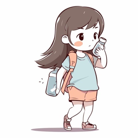 Cute little girl with backpack and bottle of water.