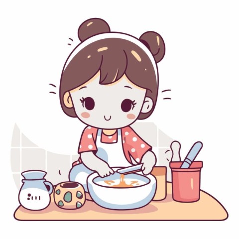 Cute little girl cooking soup in the kitchen.