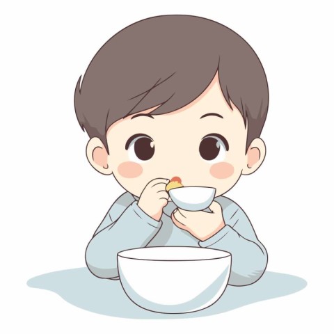 Illustration of a Cute Little Boy Eating a Bowl of Milk