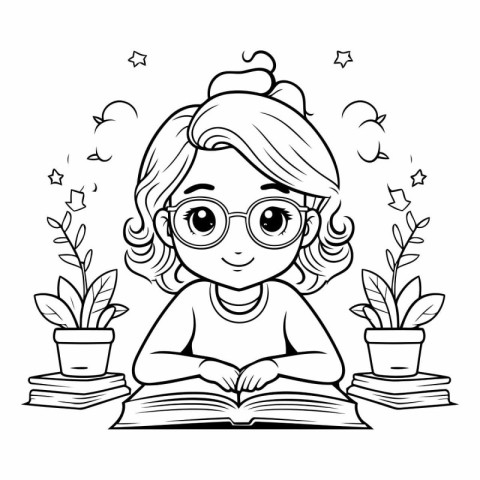 Girl reading a book. Black and white vector illustration for col