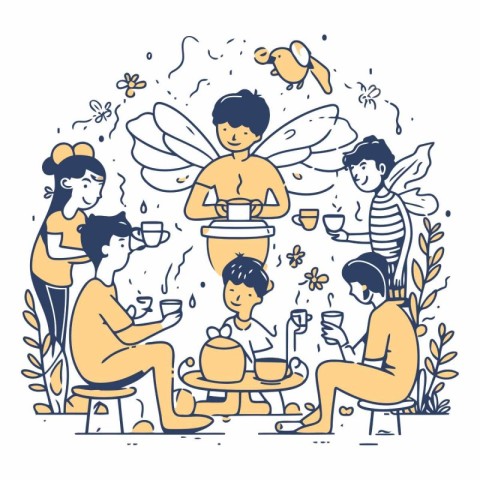 Vector illustration of people having tea party. Cute cartoon cha