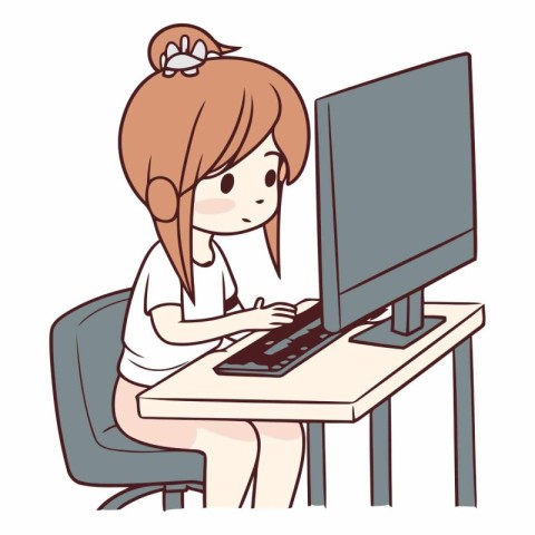 Young woman working at the computer in cartoon style.