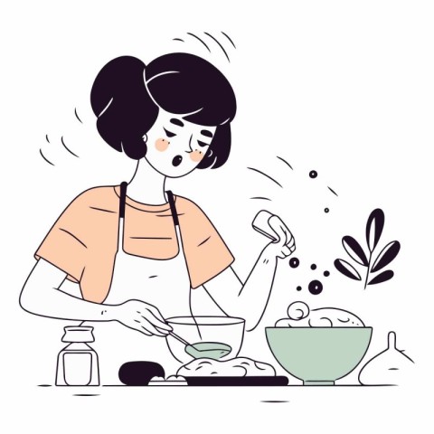 Vector illustration of a woman in apron cooking in the kitchen.