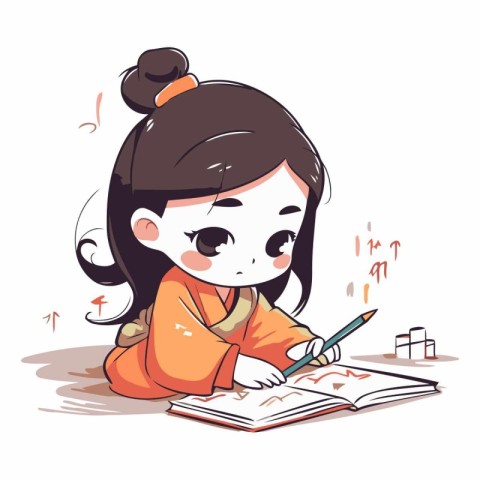 Cute little girl doing homework in cartoon style.