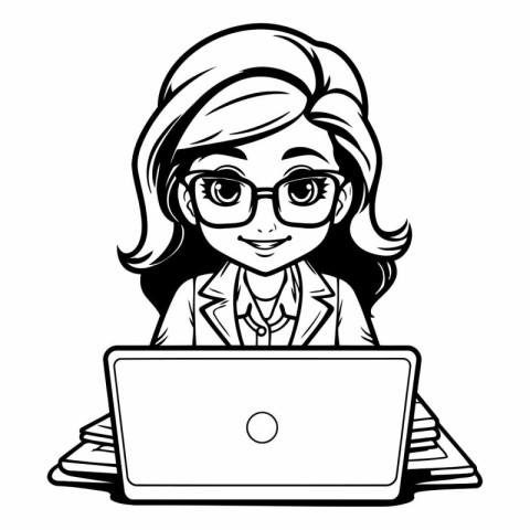 Businesswoman with Laptop - Black and White Cartoon Illustration