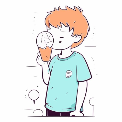 Cute boy eating ice cream in cartoon style.