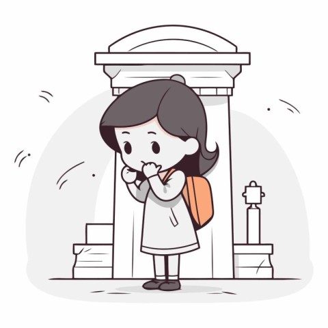 Girl with a backpack in front of a column.