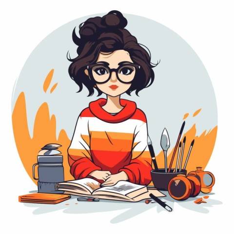 Vector illustration of a girl in glasses with a book. paints. br