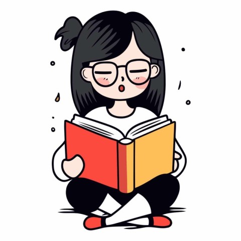 Cute cartoon girl reading a book on white background.