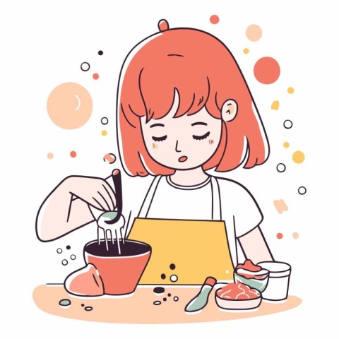 Girl cooking in the kitchen in a flat style.