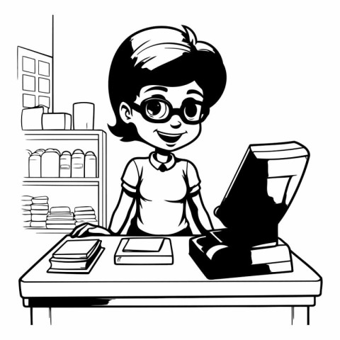 Black and white illustration of a businesswoman working at her d