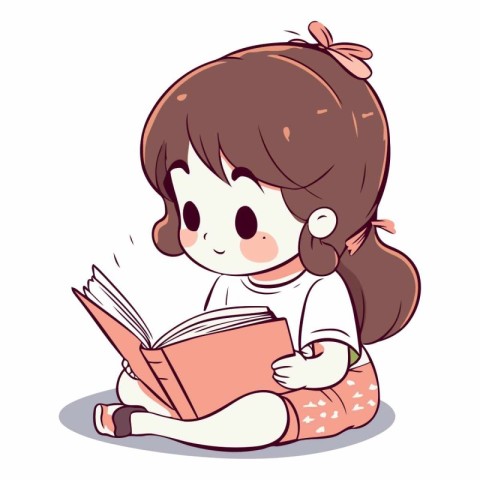 Illustration of a Little Girl Reading a Book on a White Backgrou