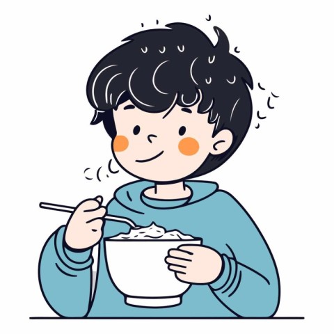 Illustration of a boy eating a bowl of cereals with chopsticks