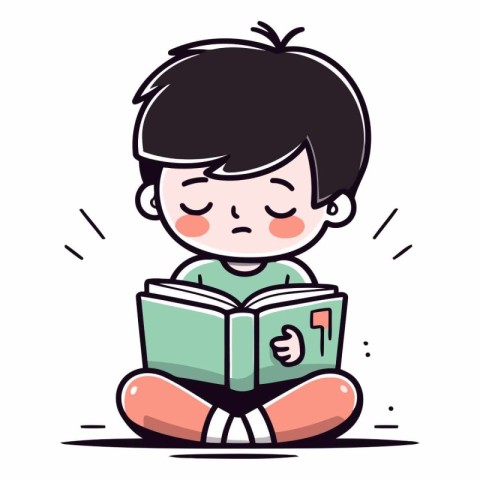 Cute little boy reading a book in cartoon style.